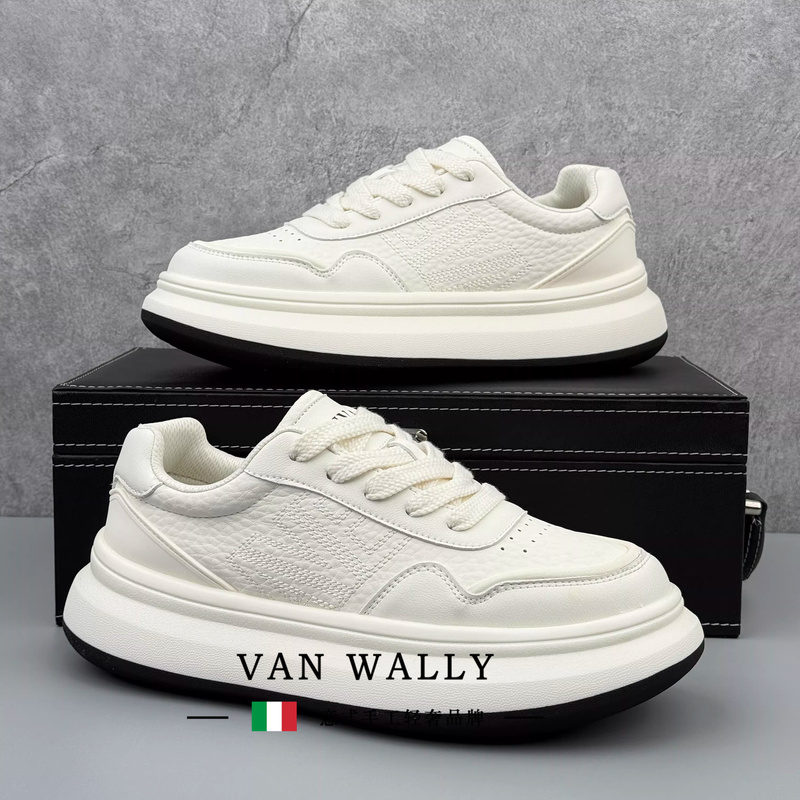 Van Wally High-End White Sneakers for Men, New Thick-Soled Height-Increasing Casual Sports Shoes, Fashionable and Versatile Men's Sneakers