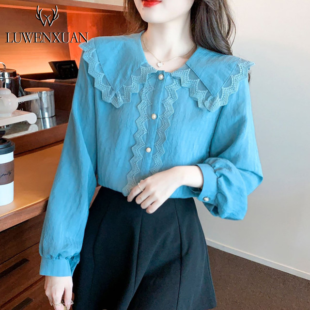 Doll collar chiffon shirt women's spring clothing 2022 new European goods Western style super fairy top beautiful lace shirt