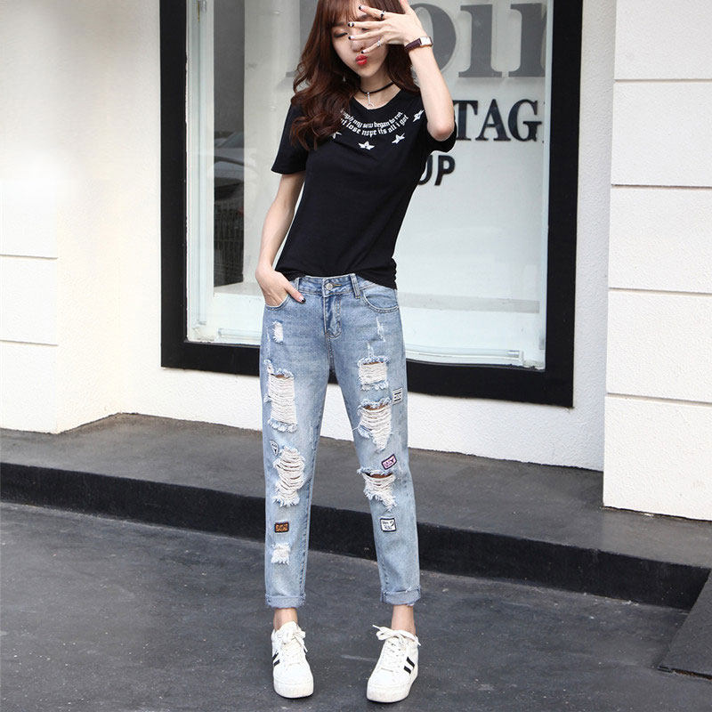 Hong Kong pop brand 2021 summer new jeans women's ripped halong pants bf wind loose nine-point pants straight beggar pants