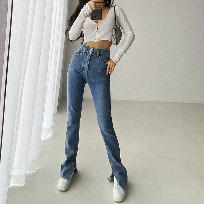 2022 Personalized inner slit micro-ladder mopping pants high waist slim fit slim leg long denim trousers straight-leg pants women's fashion