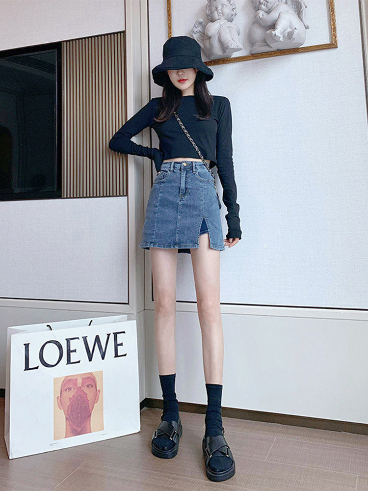 Tide Card Denim Dress Short Skirt Woman Summer 2022 New Half Body Dress High Waist A Character Dress Hot Girl Bag Hip Open Fork Skirt