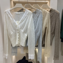 FN Autumn Winter New 2021 careful machine fairy lace stitching wool top V neck long sleeve knitted cardigan 21206