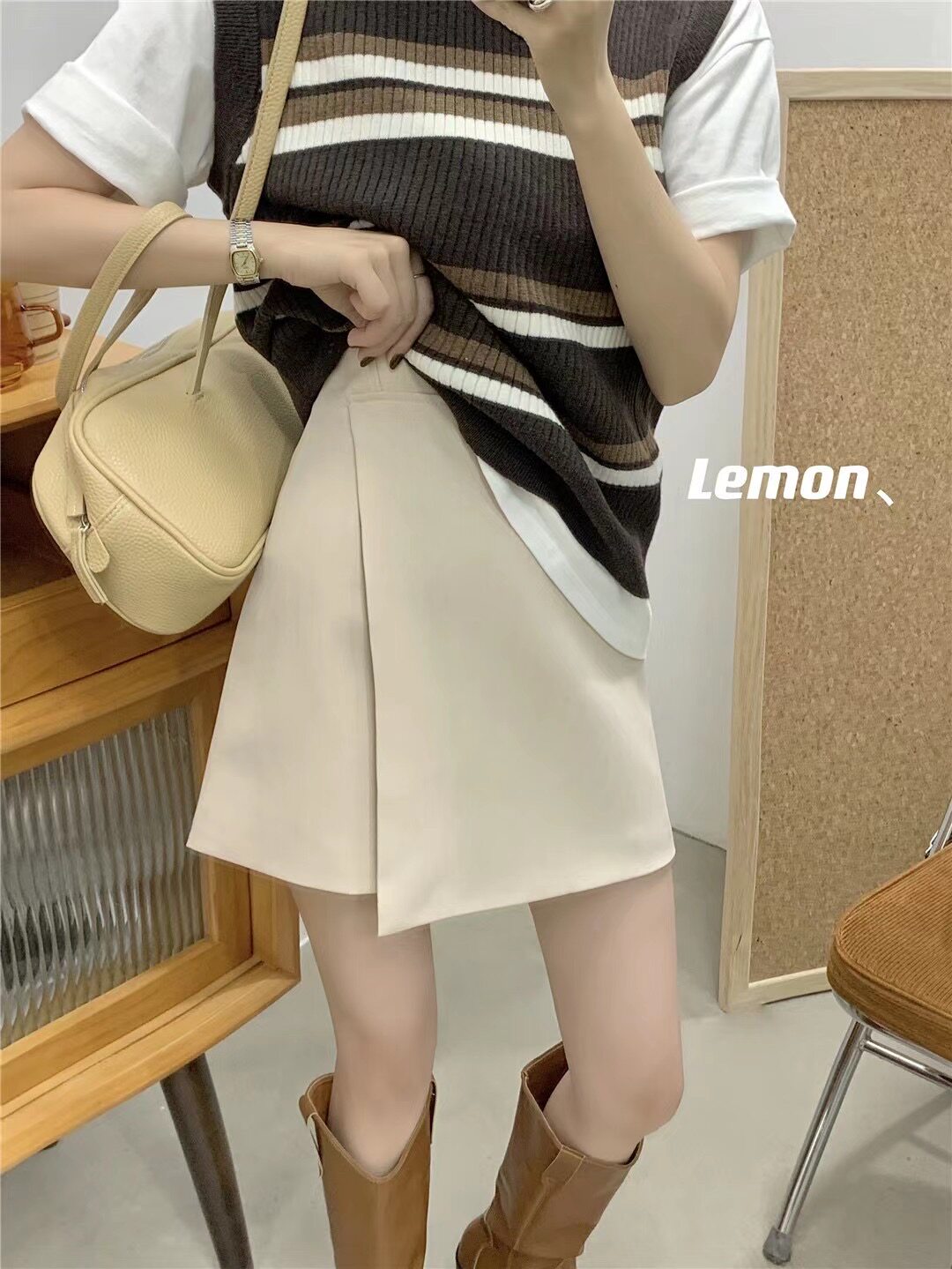The lemon Irregular Short Skirt Women's 2021 Autumn Joker High Waist Hip Suit A- line dress Skirt 662