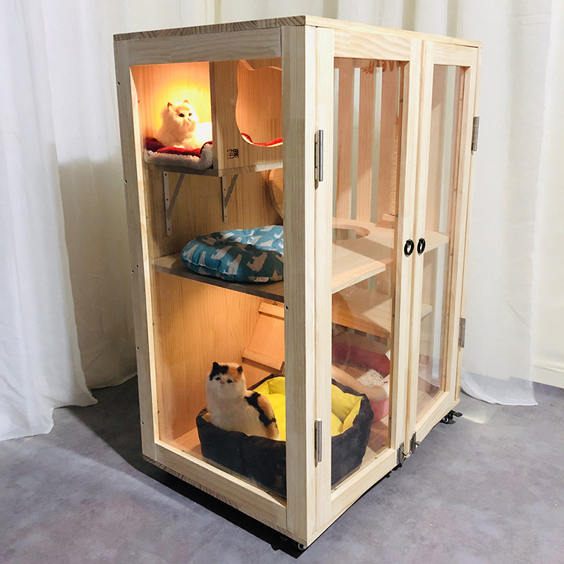 Buy Solid wood cat villa transparent glass cat cage two cats with door shelf cat nest one double