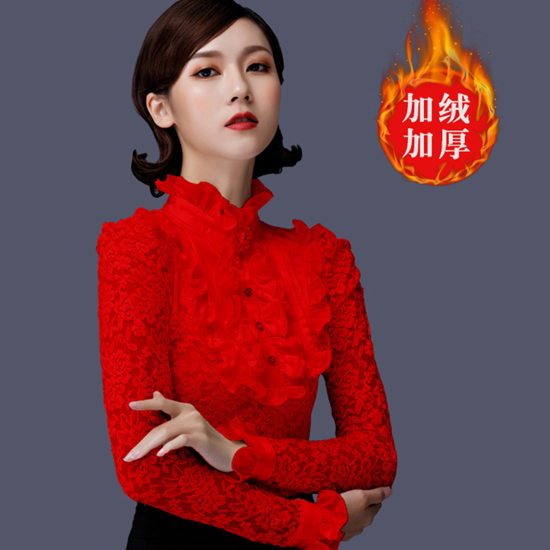 Yanlu Red Lace Unique and Beautiful Base Shirt for Women, Fleece-Lined, Autumn and Winter Long-Sleeve Shirt, High-End and Stylish Top