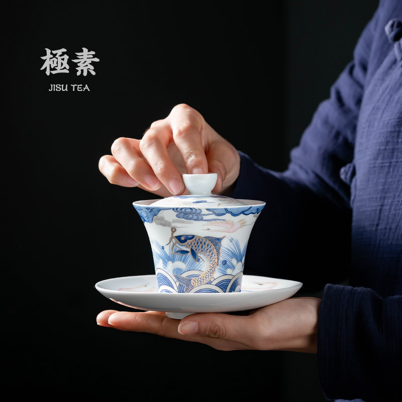 Pole element | arowana ceramic tureen blue and white porcelain cups three only three of the bowl bowl large cup of kung fu tea set