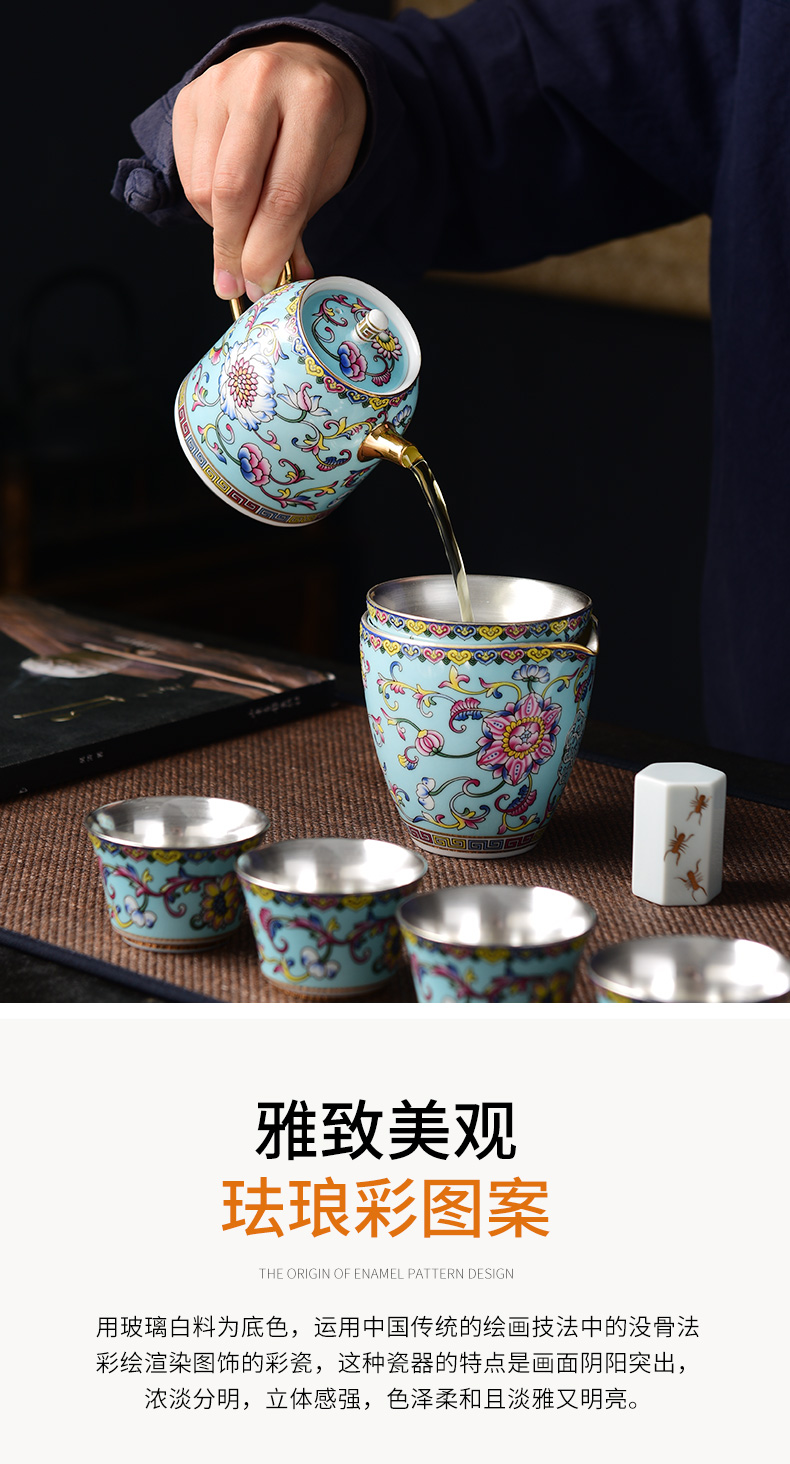 Jingdezhen colored enamel silver tea set with high - end office receives a visitor coppering. As kung fu tea set 999 sterling silver set