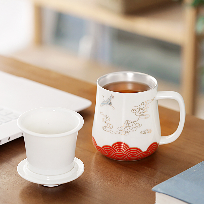 White porcelain office cup silver cup 999 sterling silver, separation of tea cup tea office cups with cover glass