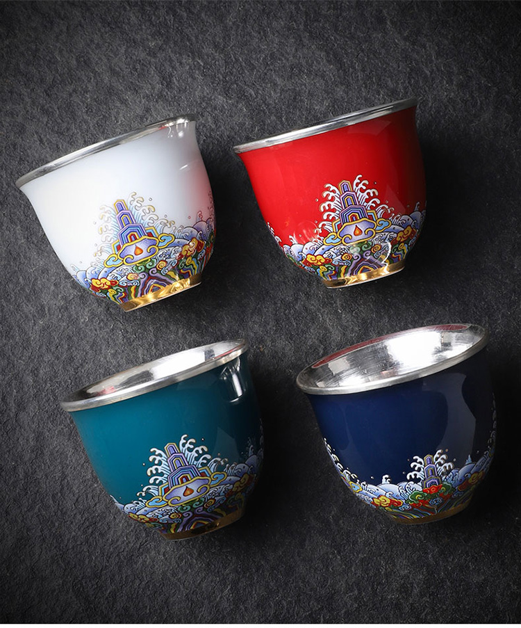 Jingdezhen ceramic colored enamel cup high - grade silvering cup silver 999 edible tea master cup single cup "women