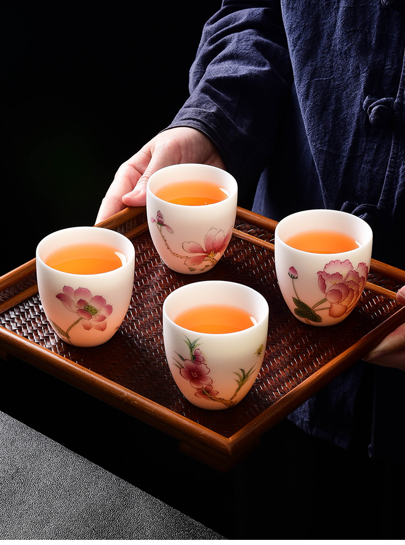 Dehua white porcelain hand - made twelve flora of suet jade tea master cup single CPU kung fu sample tea cup single men and women