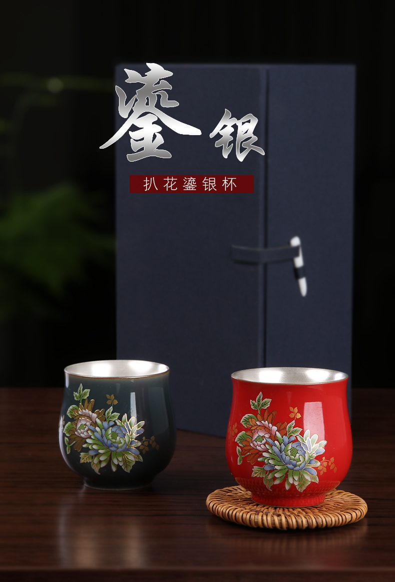 Jingdezhen tea set silver enamel glass ceramic cups coppering. As 999 sterling silver, silver kung fu master cup single cup size