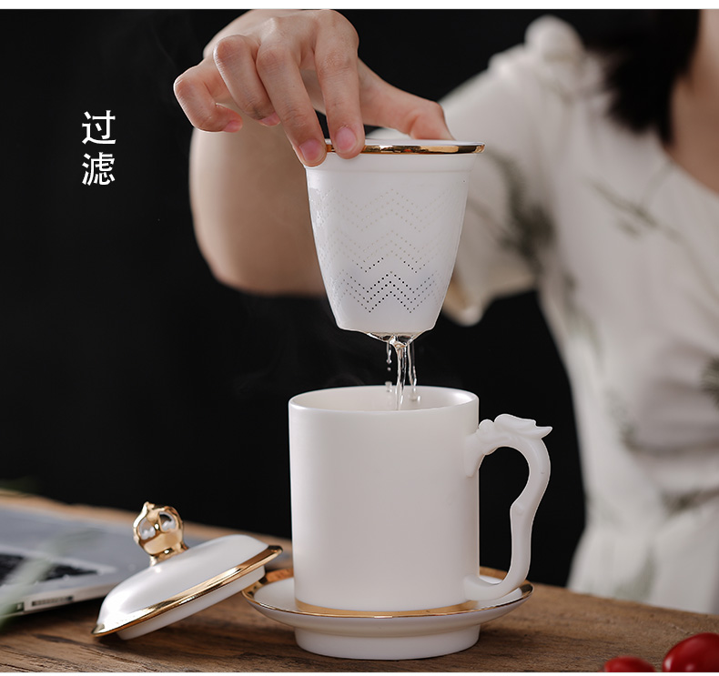 Creative dehua white porcelain office cup cup pure manual paint ceramic cups with cover with the filter glass cup and meeting