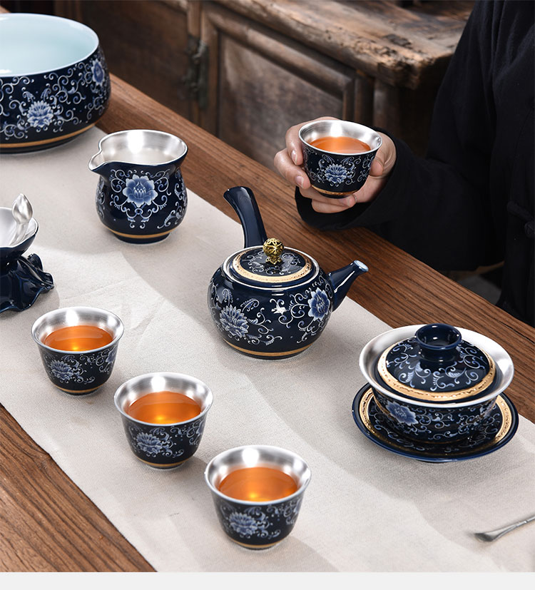 Jingdezhen high - grade enamel silver tea set 999 sterling silver suit household kung fu tea set office to receive a visitor the teapot