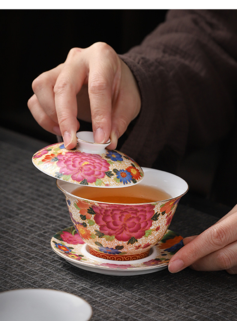High - end colored enamel hot tureen jingdezhen kung fu tea tea not only three tureen tea cup in use to use