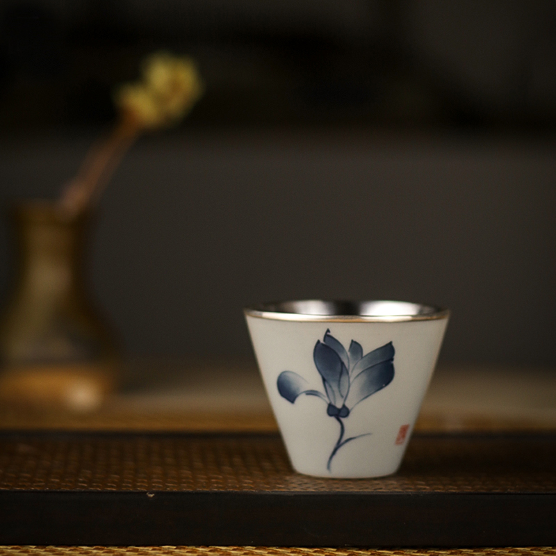 Blue and white porcelain ceramic silvering teacup kung fu masters cup tea set personal special glass cups single sample tea cup
