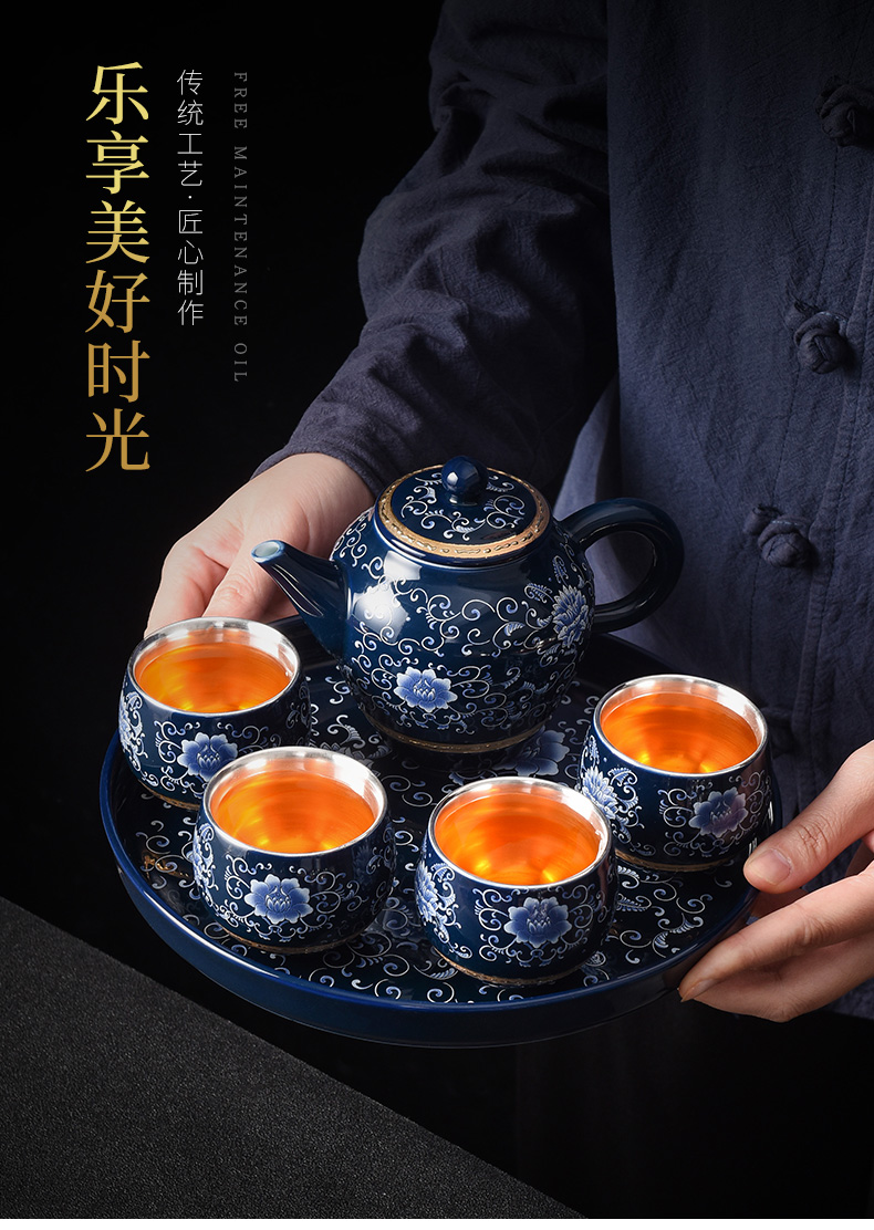 Jingdezhen household kung fu tea tea set tea service office to receive a visitor a small set of pot of four cups coppering. As silver tea set