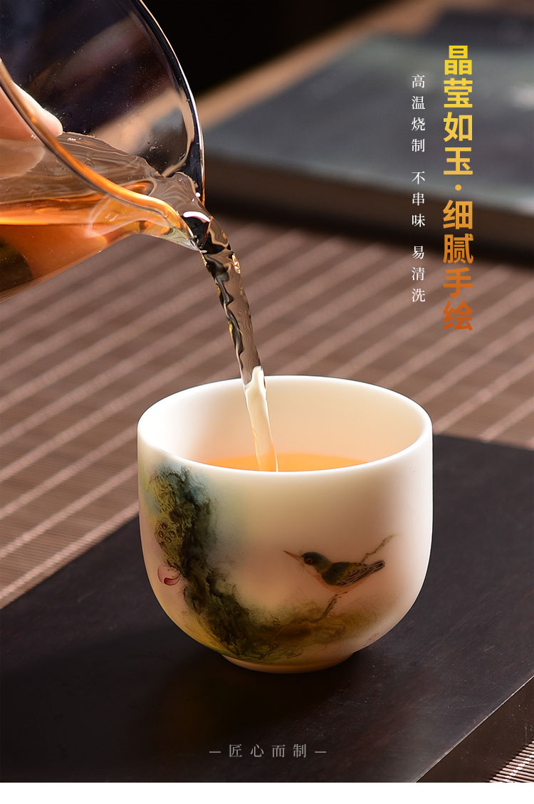 Hand - made dehua white porcelain teacup kung fu tea set jade suet jade master cup pure Hand - made porcelain sample tea cup single CPU