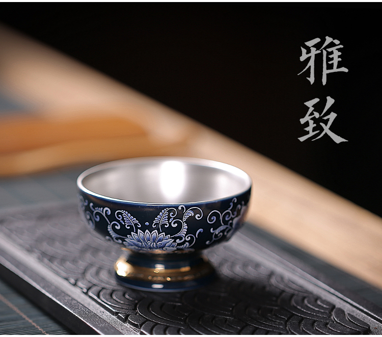 Jingdezhen porcelain tea set ceramic silver cup 99 sterling silver, kung fu creative move manual coppering. As silver cups sample tea cup