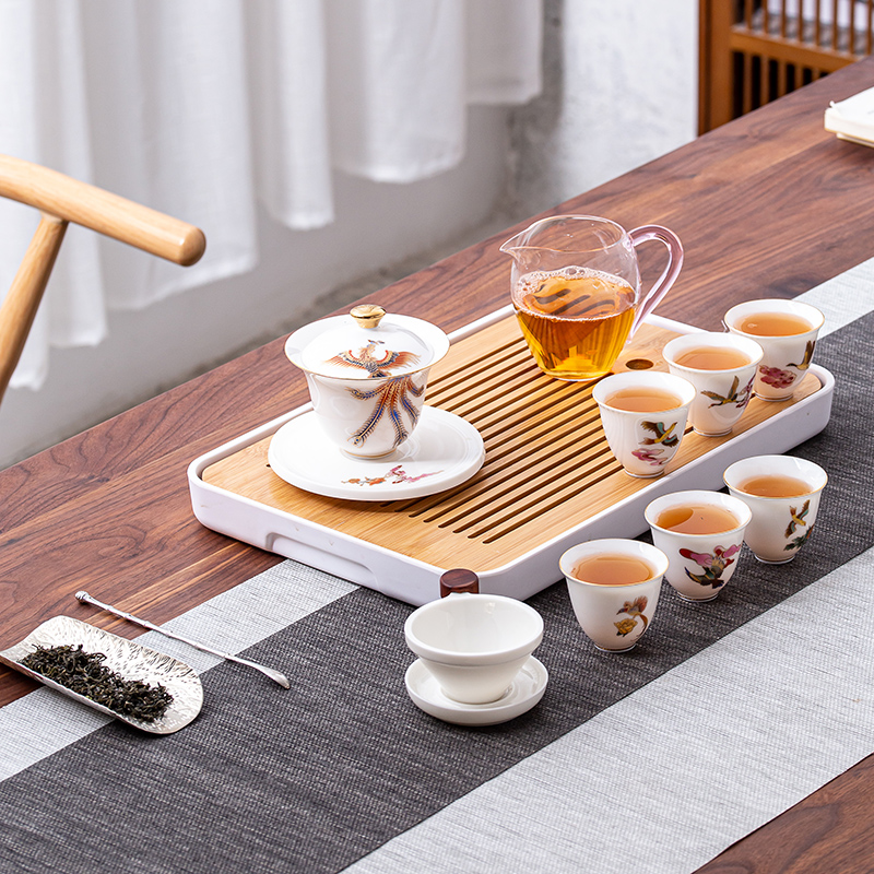 Dehua suet jade white porcelain cup high - grade kung fu tea set suit visitor home office tea tureen gift box