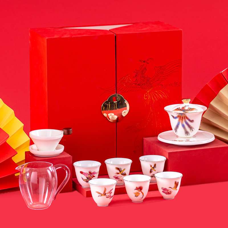 Dehua suet jade white porcelain cup high - grade kung fu tea set suit visitor home office tea tureen gift box