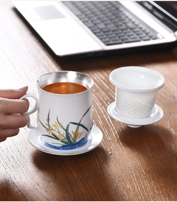 Creative ceramic cup silver cup silver 999 bladder office tea cups with cover personal tea cup