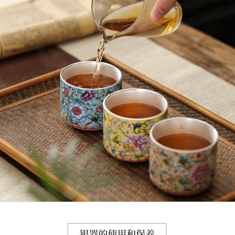 Jingdezhen tea colored enamel porcelain, small sample tea cup silver cup silver 999 master kung fu tea cup single CPU