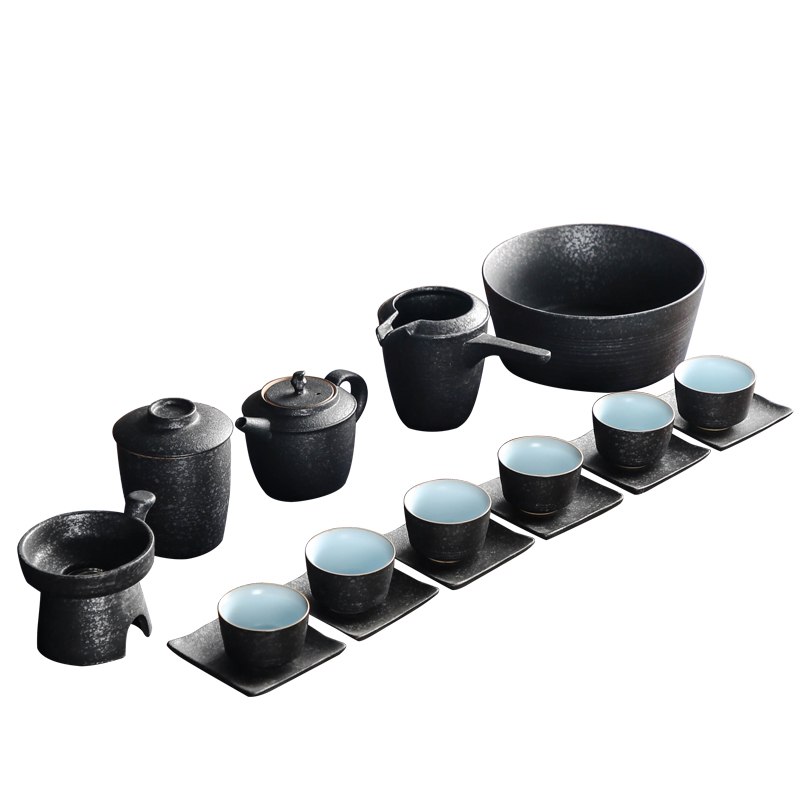 Bo yiu-chee coarse pottery kung fu tea set suit Japanese contracted household ceramic teapot teacup tea wash cup mat of a complete set of