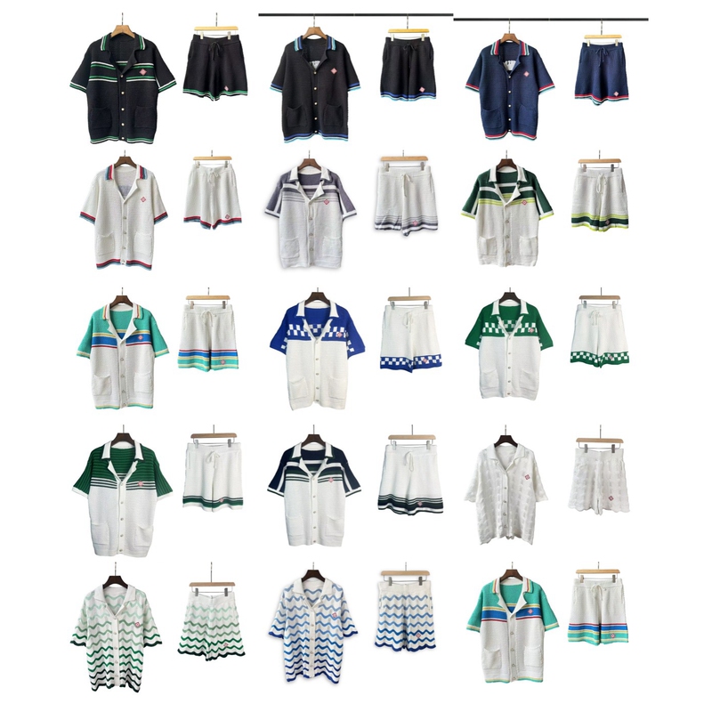 Casablanca Pearl Button Color-Blocked Hollow Knit Sweater Unisex Short-Sleeve Cardigan Shorts Set Summer
