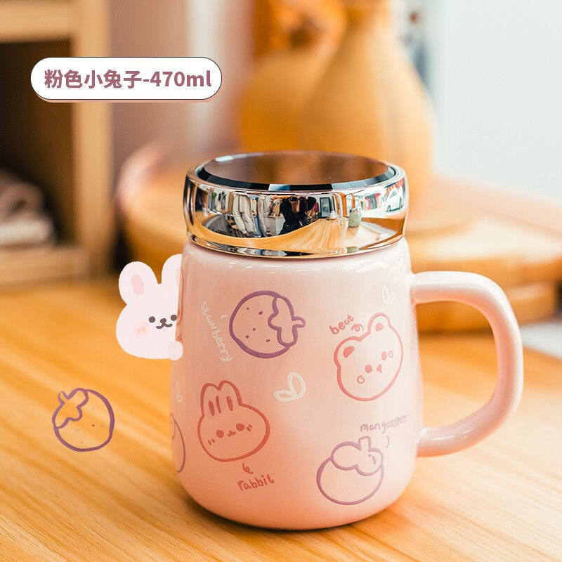 Super cute mirror cover cartoon ceramic cup with spoon net red mark cup girl heart large capacity drink water cup large