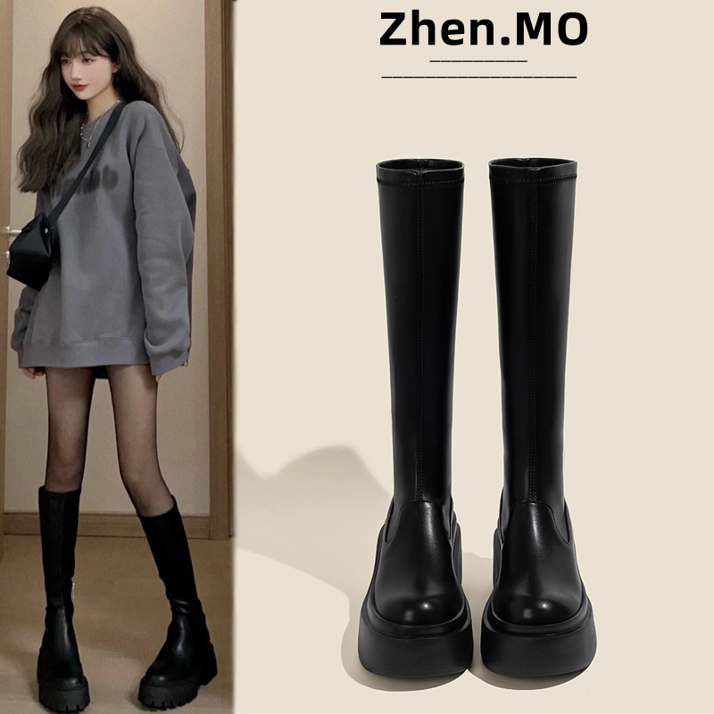 Ботинки Martin; женские высокие сапоги; коллекция 2025 года; сезон осень-зима; новые эластичные обтягивающие сапоги на толстой подошве; бархатные рыцарские сапоги на высоком каблуке для девочек