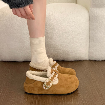 Thick-Soled, Height-Increasing, Fleece-Lined, Full-Wrap Birkenstock-Style Furry Shoes for Women, 2025 New Winter Warm Low-Top Snow Boots, Cotton Shoes