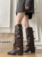 Maillard Belt Buckle Trouser Boots Women's 2025 Autumn and Winter New Style Thick High Heels Slim Pile Long Cavalier Boots