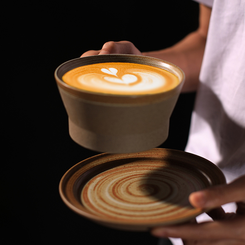 Factory direct coarse pottery Japanese coffee cup and saucer set Pull flower cup European coffee cup can be customized logo black tea cup