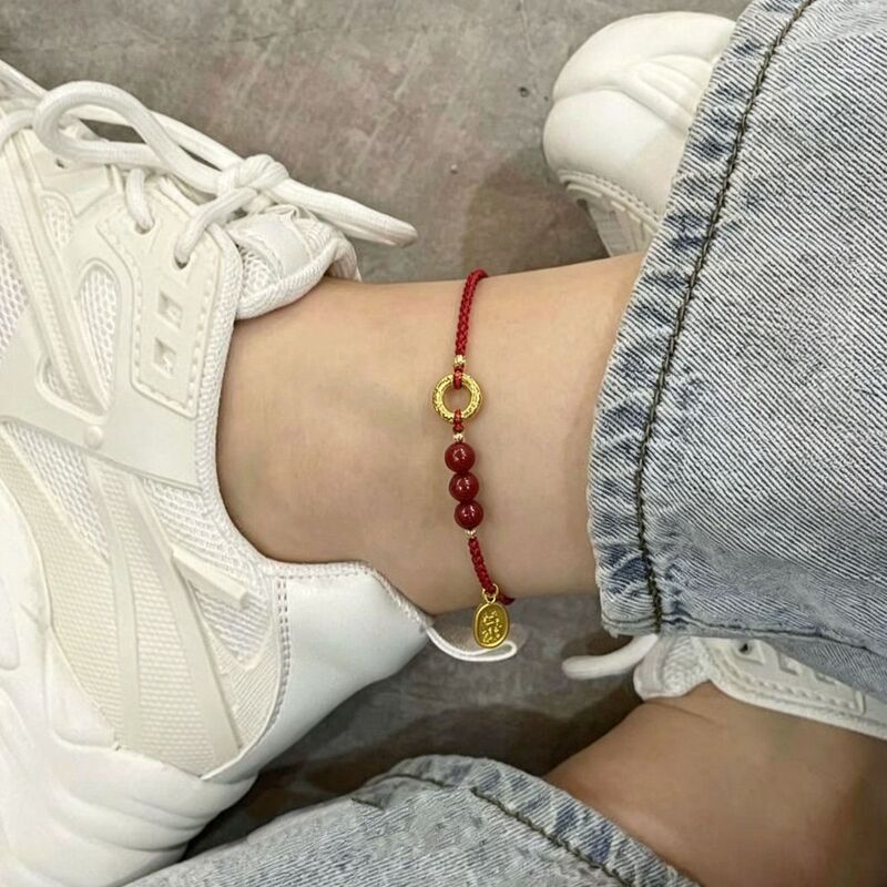 Gold-Plated Red Rope Anklet That Enhances Elegance, Simple and Versatile, Gold Cloud Pattern, Authentic Cinnabar Anklet That Never Fades