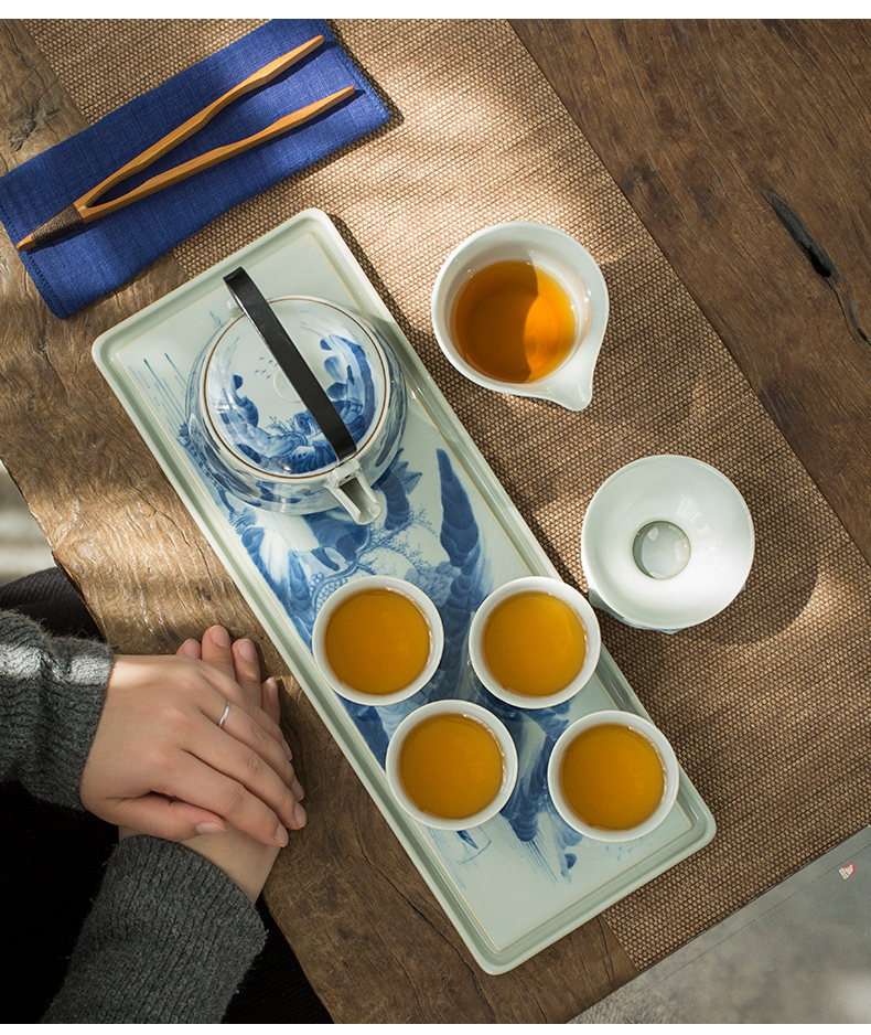 Jingdezhen blue and white landscape hand - made porcelain kung fu tea set small suit Chinese style household girder pot lid bowl