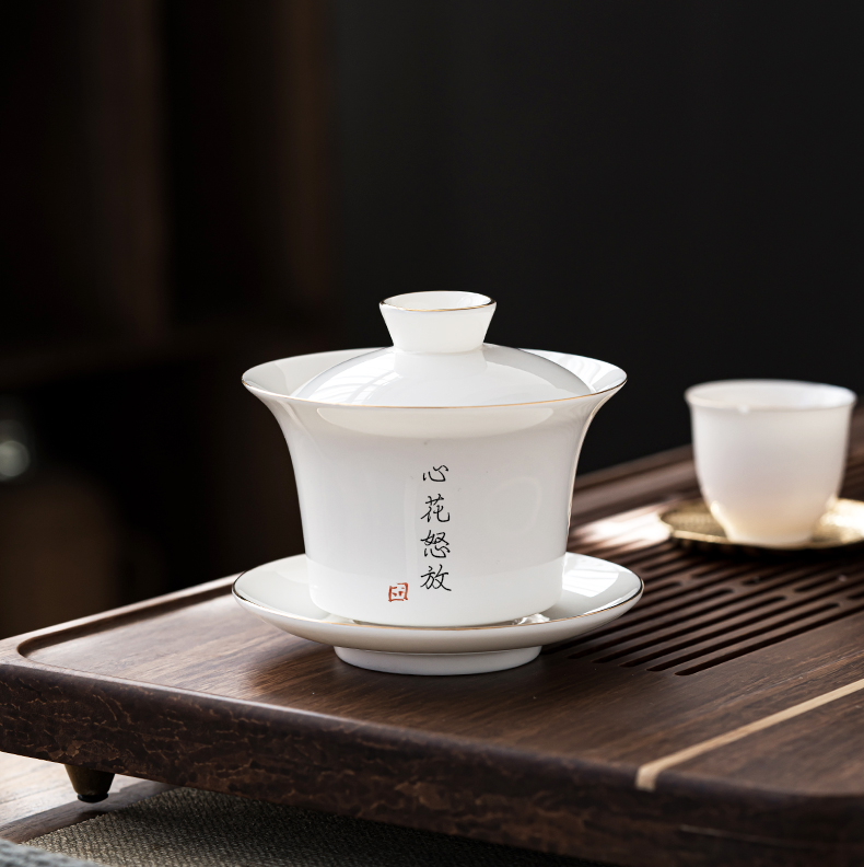 Calligraphy custom see colour suet jade dehua white porcelain manual three tureen single ceramic cups kung fu tea set