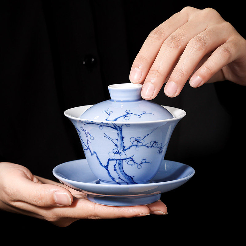 Pure hand painted green glazed plum elegant triple only cover bowl single ceramic large capacity with cover anti-burn hand bubble tea bowl-Taobao