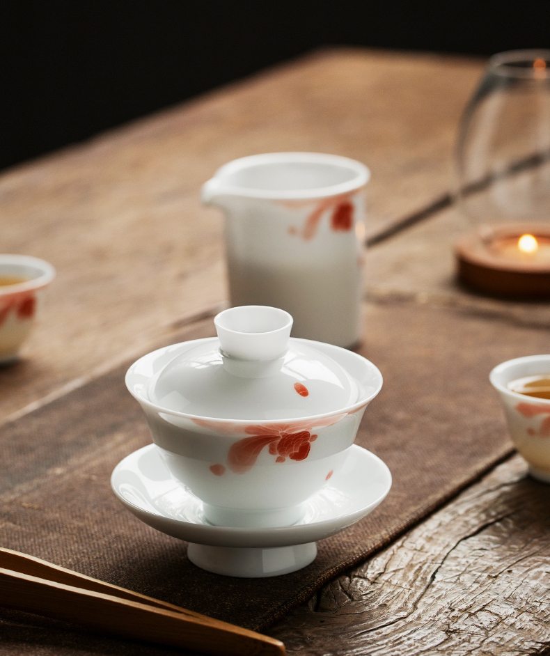 Jingdezhen pure manual hand - made fish play only three tureen tea cups a single thin foetus ceramic bowl kung fu tea set