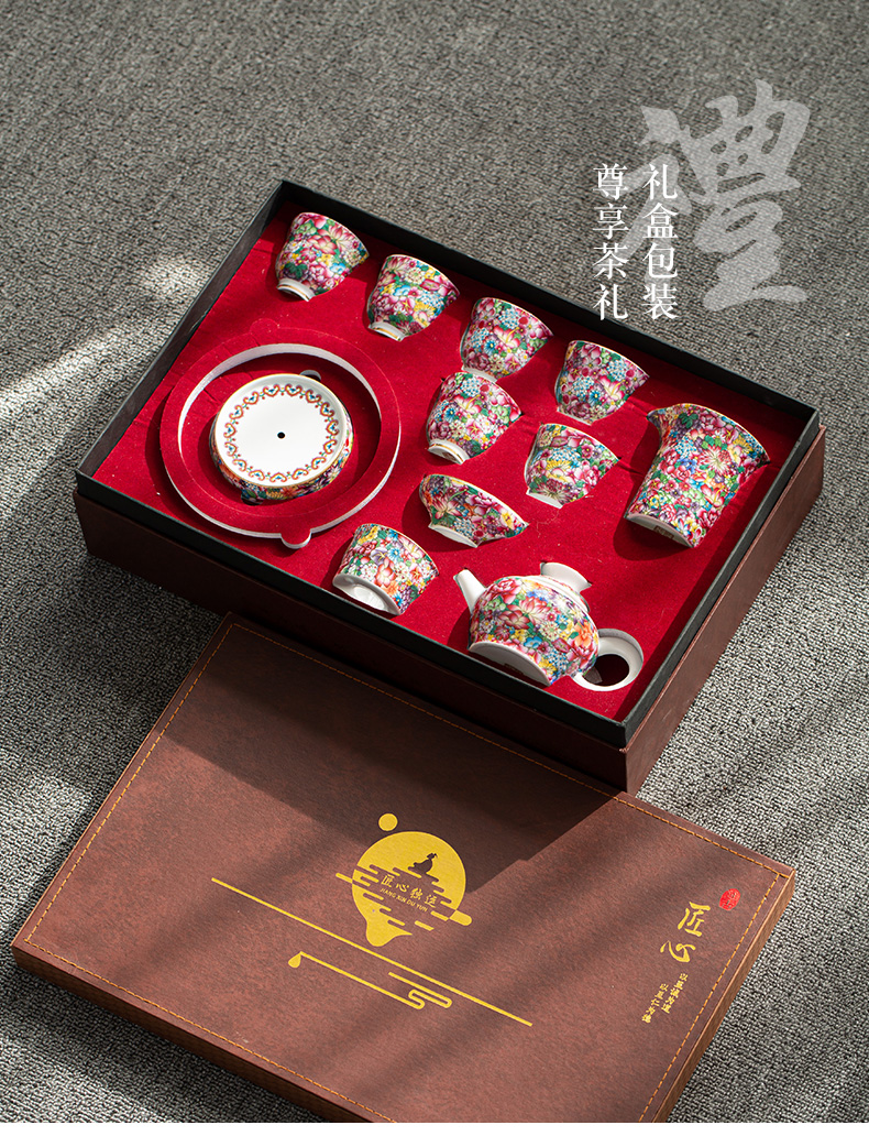 Colored enamel kung fu tea set suit household contracted tea ceramic pot of a complete set of modern high - end gift box with a gift