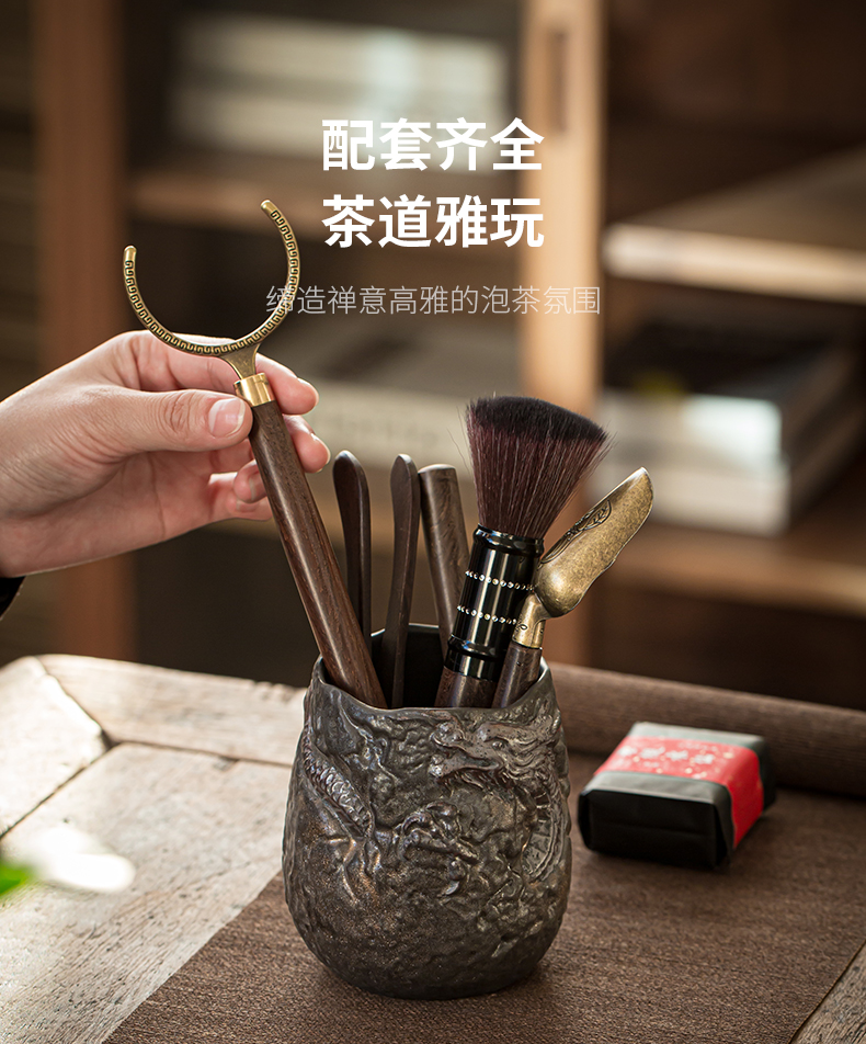 Coarse pottery gold tea six gentleman ChaGa YangHuBi stainless steel teaspoons ChaZhen household utensils bamboo wood accessories