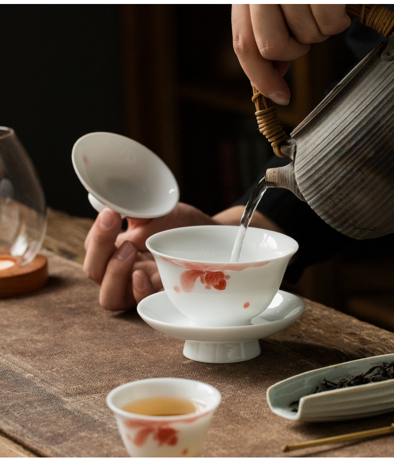 Jingdezhen pure manual hand - made fish play only three tureen tea cups a single thin foetus ceramic bowl kung fu tea set