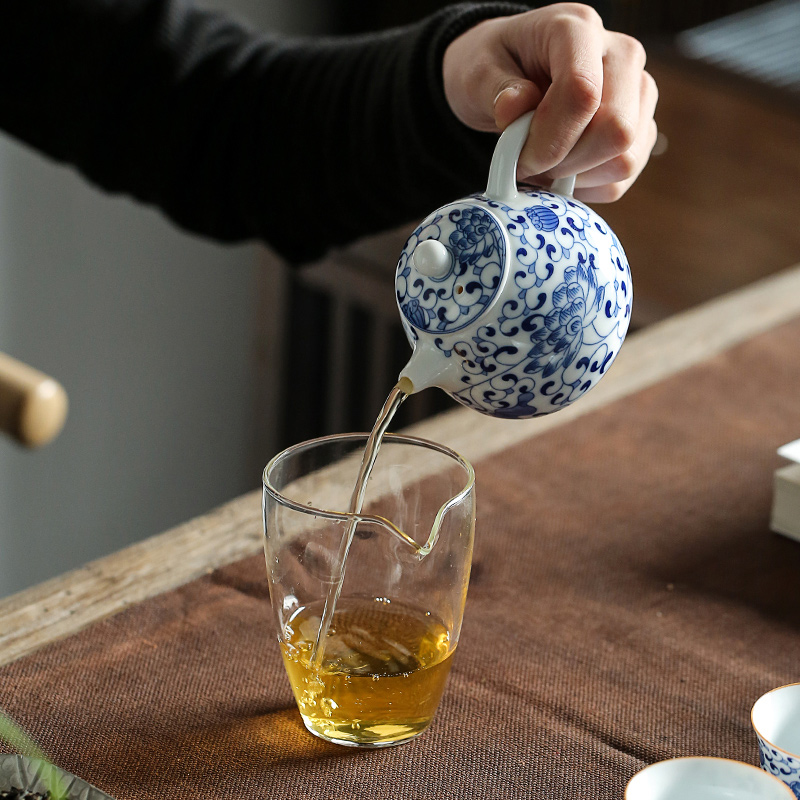 Earth story hand - sketching jingdezhen blue and white porcelain teapot household ceramics kung fu tea set single make tea pot small filter