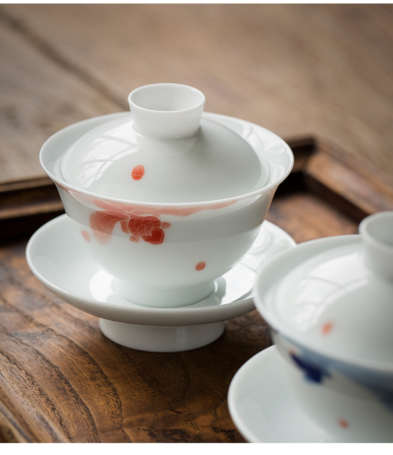 Jingdezhen pure manual hand - made fish play only three tureen tea cups a single thin foetus ceramic bowl kung fu tea set