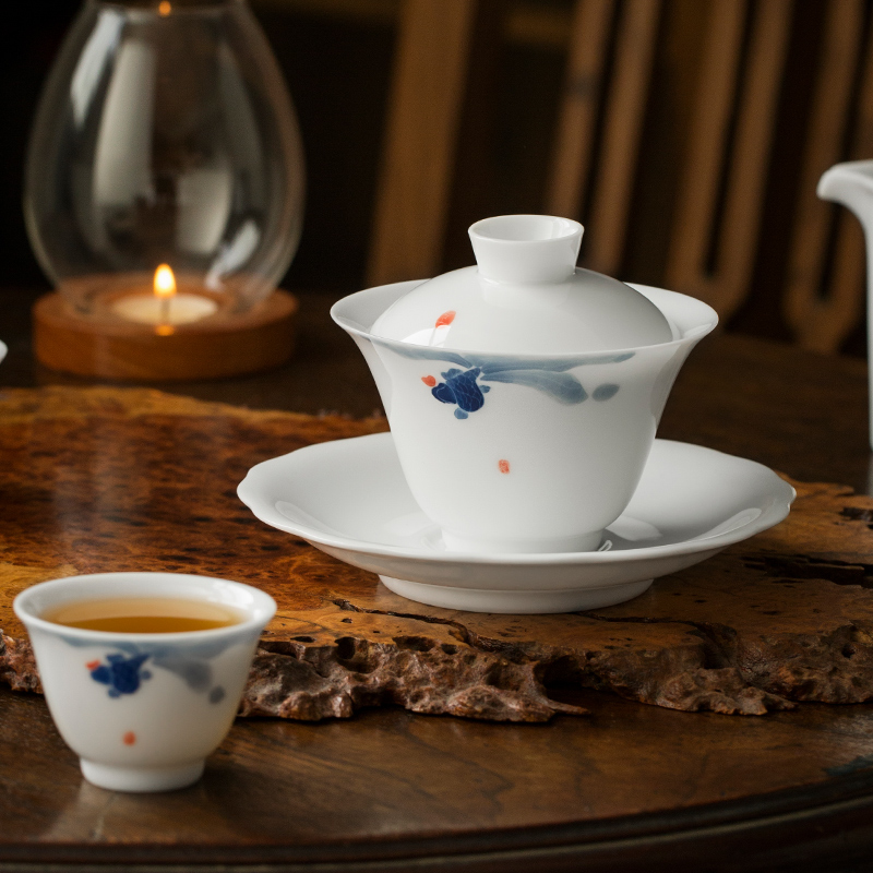 Tureen tea bowl large ceramic white porcelain kung fu tea tea set jingdezhen blue and white porcelain bowl three bowls of individual