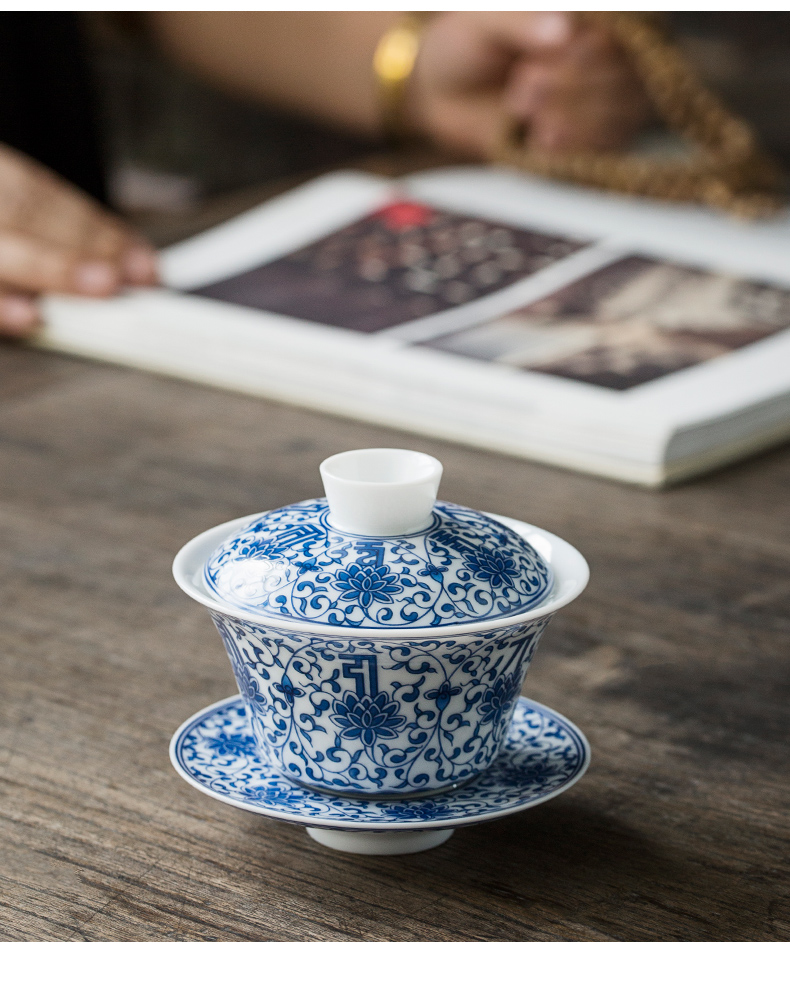 Jingdezhen blue and white tureen tea cups white porcelain hand - made single thin body is not pure manual hot green tea bowl