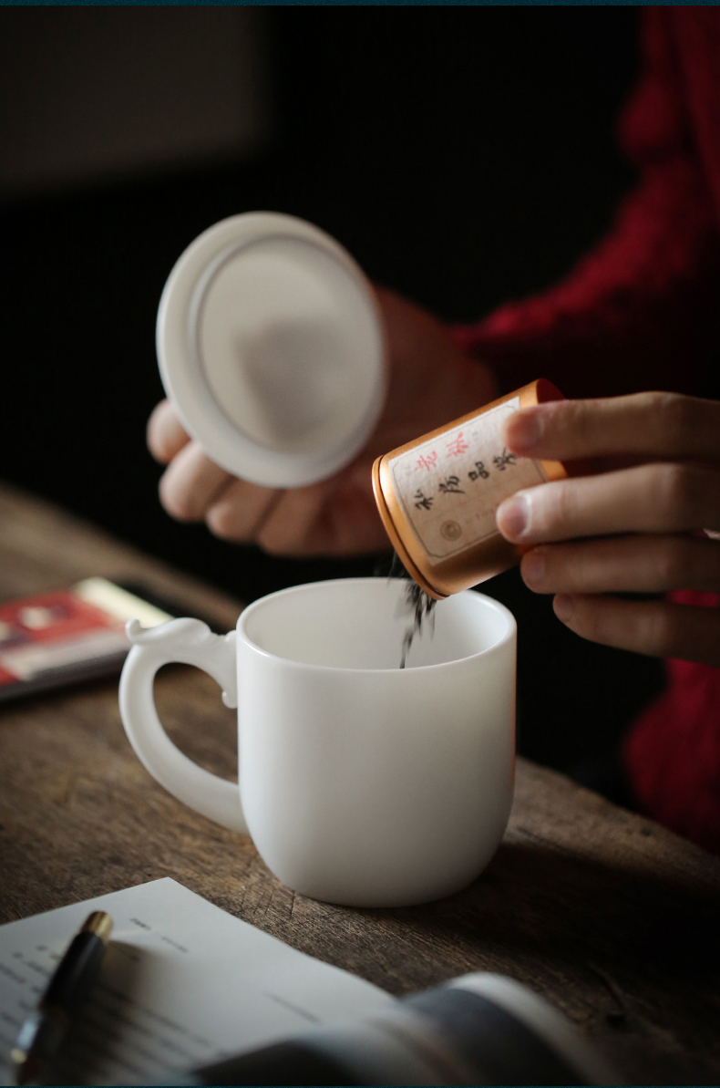 Biscuit firing dehua white porcelain jade porcelain cup checking ceramic gifts large office personal cup with cover cup tea cups