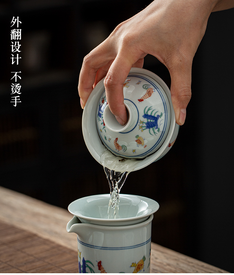 Ming chenghua chicken color bucket cylinder cup tureen antique hand - made jingdezhen kung fu tea set three cups to bowl bowl