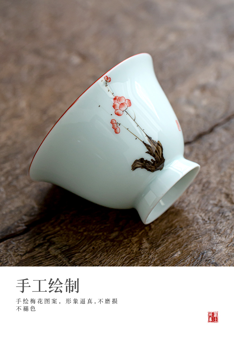 Soil hand - made name plum blossom put tureen jingdezhen three story manual under glaze color porcelain large - sized kung fu tea bowl