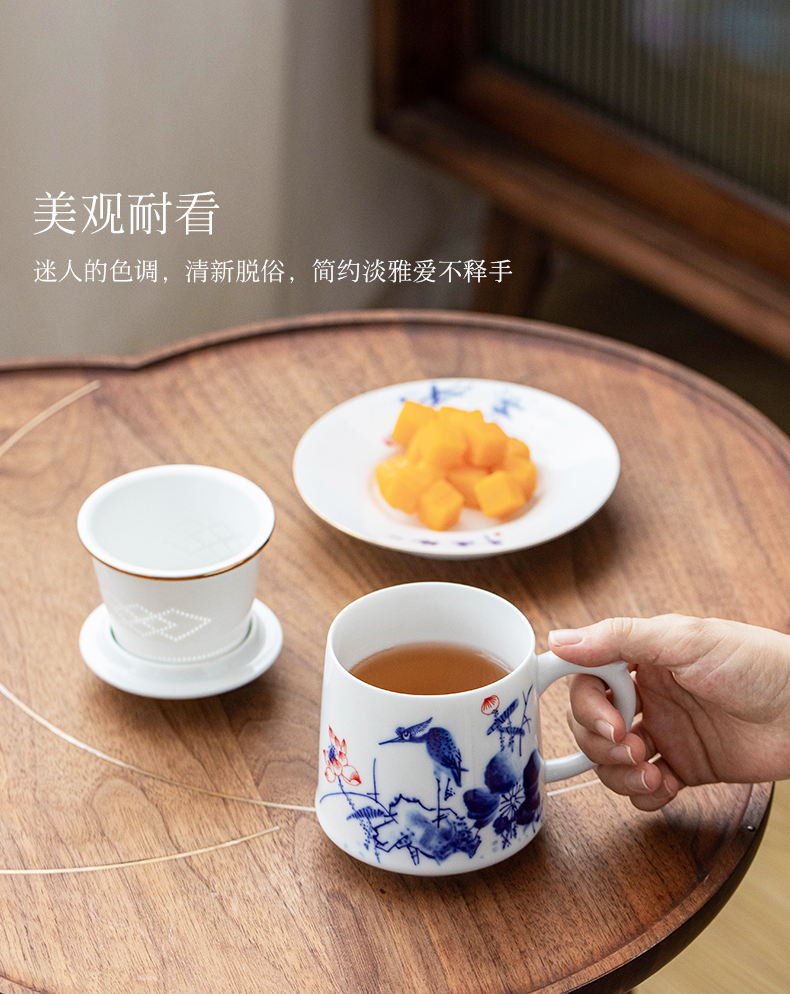 Jingdezhen hand - made ceramic cups with cover filtration separation tea tea office man high - grade with handles