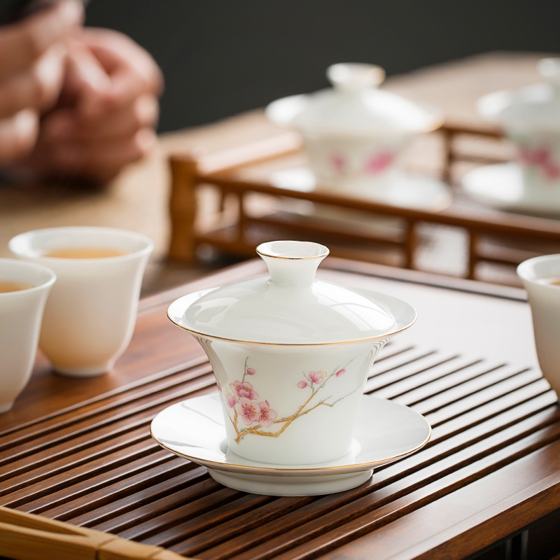 Jingdezhen pure manual thin body white porcelain tureen cup single kunfu tea mercifully with a bowl with water chestnut try small bowl
